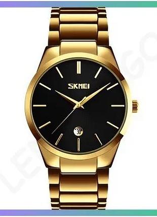 Часы skmei 9140gdbk золотистые и черные классические мужские водонепроницаемые с минеральным стеклом sku_aber_1080-1032