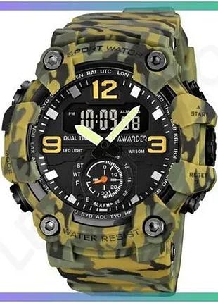 Наручний годинник awarder 003 camo green чоловічий тактичний водонепроникний з будильником та хроногра sku_aber_1202-0087