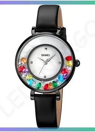 Часы skmei 2041bk черные кварцевые женские водонепроницаемые с минеральным стеклом и кожаным ремешком sku_aber_1080-2687