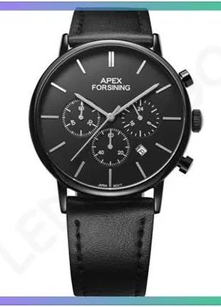 Чоловічий механічний годинник forsining 8312 all black класичні водозахищені з хронографом та шкіряним sku_aber_1059-0345