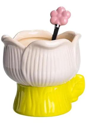 Креманка фарфоровая с ложкой в форме цветка 300 (мл) креманка для десертов, мороженого и желе желтый fm-42be