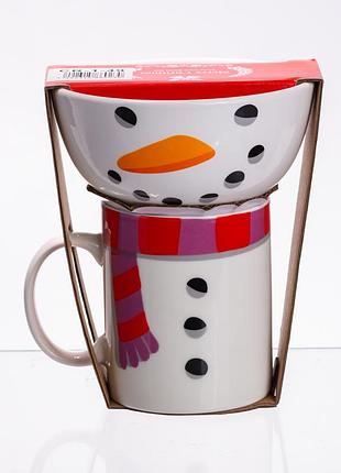 Набір порцелянова чашка з піалою snowman 350 (мл) чашка на подарунок новорічна для чаю та кави cr-1-49