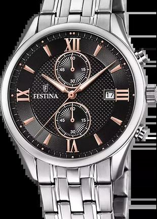 Мужские часы festina timeless chronograph f6854/7 стальной корпус чёрный циферблат