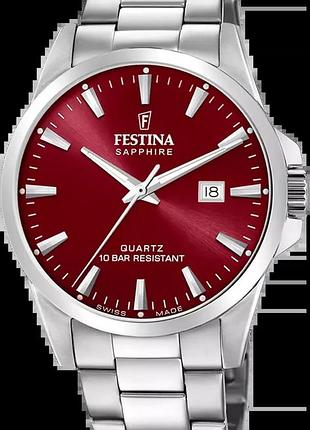 Мужские часы festina classics swiss made f20024/7 стальной корпус водозащита 100 м красный циферблат