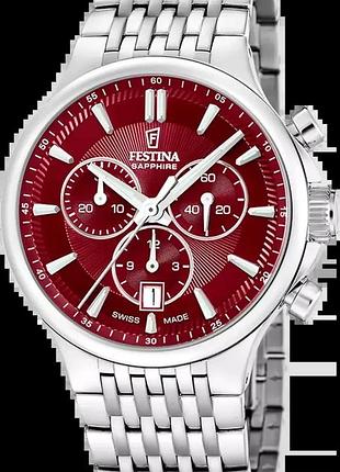 Мужские часы festina chrono swiss made f20093/5 стальной корпус красный циферблат