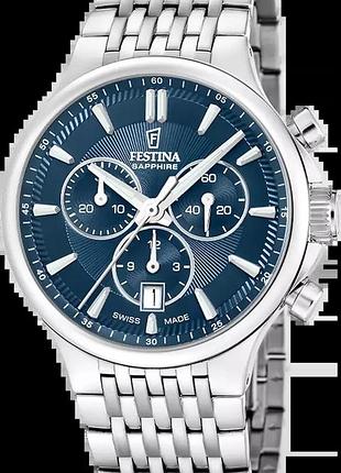 Мужские часы festina chrono swiss made f20093/2 стальной корпус синий циферблат