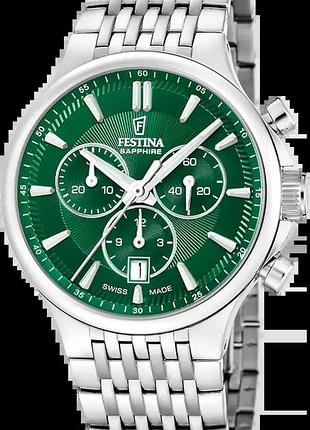 Мужские часы festina chrono swiss made f20093/3 стальной корпус зелёный циферблат