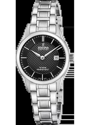 Годинник жіночий festina classics swiss made f20068/6 сталевий корпус водозахист 100 м чорний циферблат