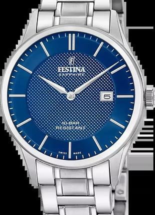 Мужские часы festina classics swiss made f20067/4 стальной корпус водозащита 100 м синий циферблат