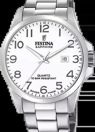 Мужские часы festina classics swiss made f20024/1 стальной корпус водозащита 100 м белый циферблат