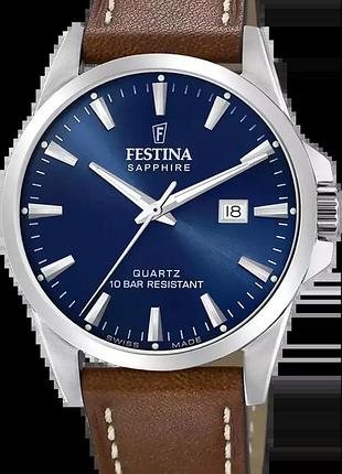 Мужские часы festina classics swiss made f20025/3 стальной корпус водозащита 100 м синий циферблат