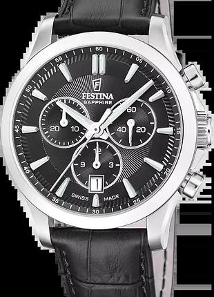Годинник чоловічий festina chrono swiss made f20094/5 сталевий корпус чорний циферблат