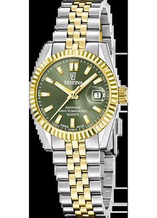 Женские часы festina classic steel swiss made f20088/4 водозащита 100 м зелёный циферблат