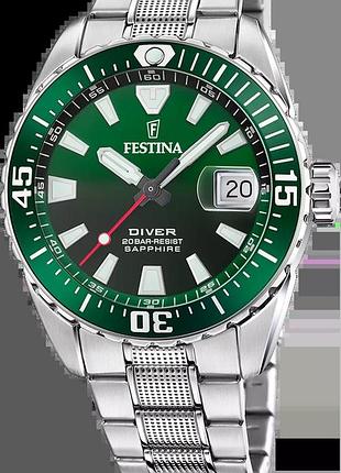 Мужские часы festina the originals f20669/2 стальной корпус водозащита 200 м зелёный циферблат