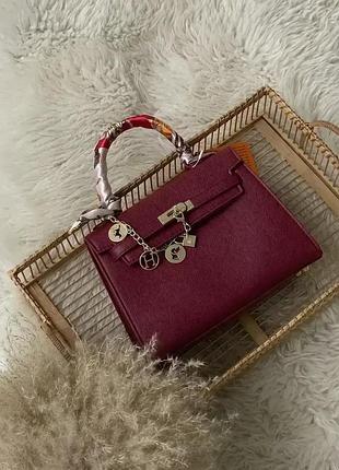 Шкіряна жіноча сумка hermes kelly з хустинкою стильна сумочка для дівчини гермес брендова класична для жінки