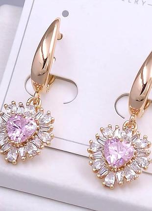 Сережки підвіски з рожевим цирконом xp 18k. 3,4 см.