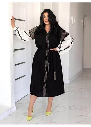 Женское платье миди с вышивкой белая черная вышиванка s m l xl xxl xxxl туреченица