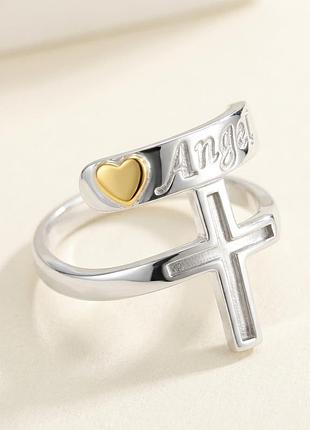 Срібна жіноча каблучка angel 16 р із хрестиком і сердечком з золотою вставкою