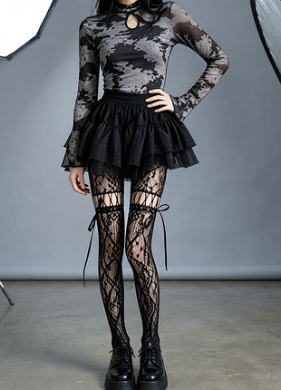 🖤 ажурні колготки з імітацією гатерів та бантами goth  lolita / coquette
