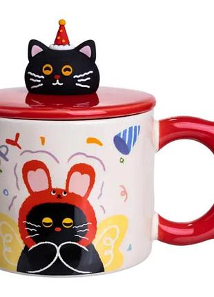 Чашка фарфоровая с крышкой kitten's birthday 400 (мл) подарочная кружка прикольная чашка для детей на подарок красный fm-24d