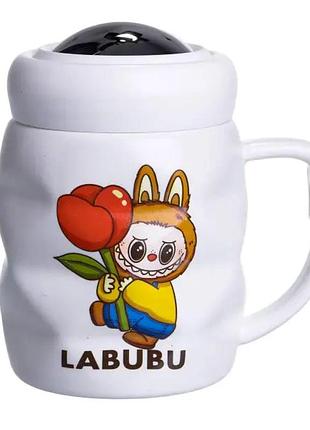 Чашка порцелянова з кришкою labubu 400 (мл) білий з жовтим fm-54d