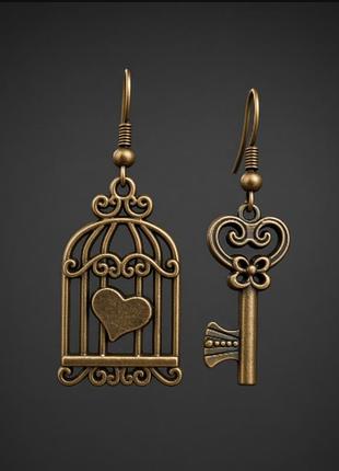 Оригінальні бронзові асиметричні сережки клітка та ключ 🗝️🗝️🗝️