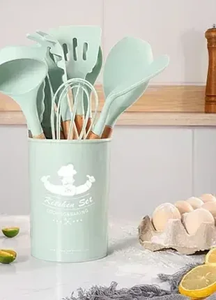 Набор кухонных принадлежностей из силикона и дерева с подставкой kitchen set 12 предметов бирюзовый