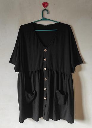 Черное платье-туника shein curve, размер 4xl (52/54), батал с пуговицами и карманами
