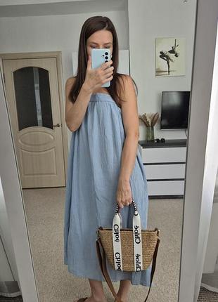 Платье h&amp;m голубое миди 90% хлопок 10% лен m 38