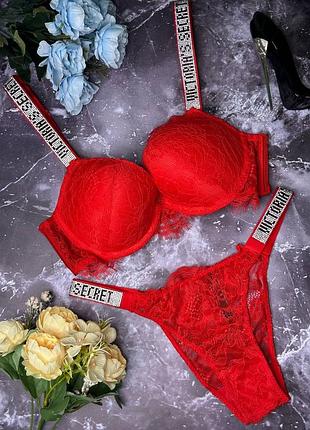 Комплект нижнего белья стразы кружевной пуш-ап victoria secret бразилианы стринги