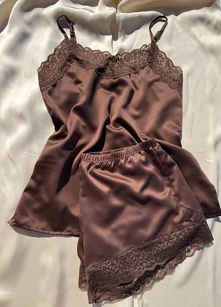 Піжама tezenis з майкою та шортами (шоколадна з мереживом)