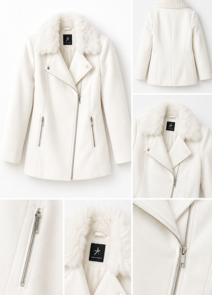 Стильное женское пальто молочного цвета с меховым воротником 🤍
