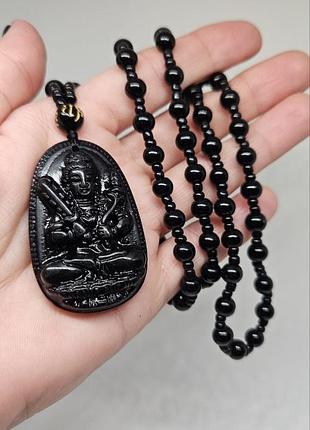 🖤 буси з підвіскою з чорного обсидіану — буддійський кулон, намисто, талісман, медитація