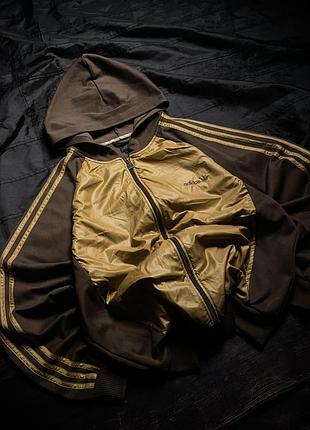 Rare 00s chocolate / gold nylon & cotton adidas trefoil full zip track jacket