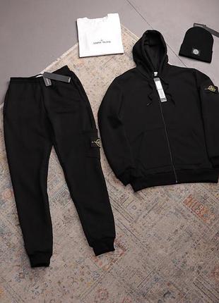 Комплект 4в1 (футболка біла +костюм чорний +шапка) stone island фліс