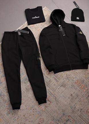 Комплект 4в1 (футболка чорна +костюм чорний +шапка) stone island фліс