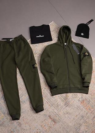 Комплект 4в1 (футболка чорна +костюм хакі +шапка) stone island фліс