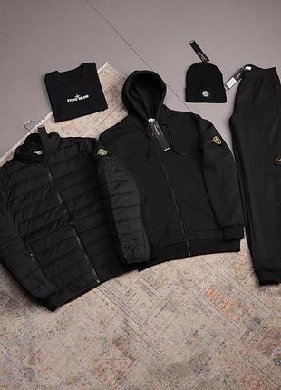 Комплект 5в1 stone island (костюм чорний+куртка демисезон+шапка+футболка чорна) фліс