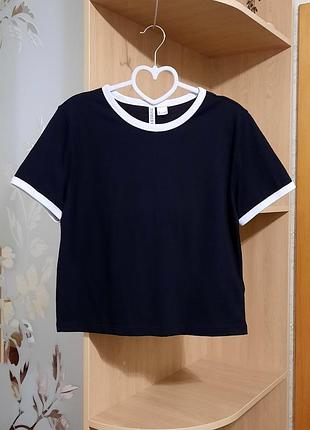 Футболка h&amp;m divided basic р. s-m-l базовая кроп топ хлопок полиэстер трикотаж черная с белой окантовкой