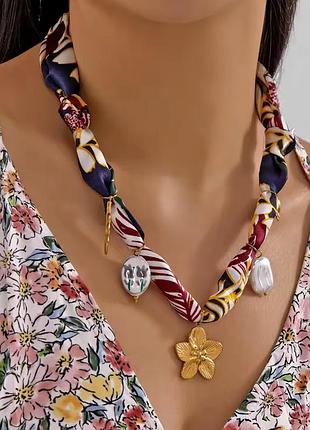 Текстильне намисто «silk & gold» з перлами та шармами нержавіюча сталь