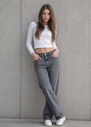 Регульована талія 👖 джинси h&amp;m loose fit straight leg 💣 широкі прямі сірі джинси графіт 158 xs 💥 джинси труби оверсайз