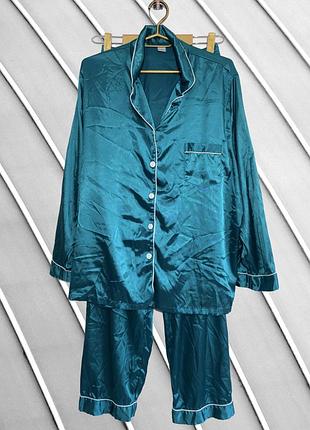 Женская изумрудная сатиновая пижама shein l 48 50 оригинал шен шелковый комплект рубашка и штаны зеленая пижама 50