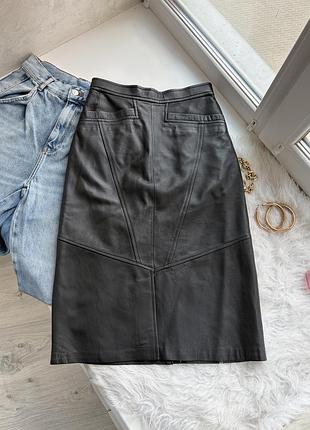 Вінтажна шкіряна спідниця міді з кишенями 100% leather