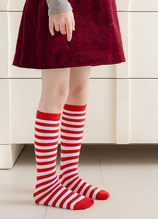 Носки детские в полоску красно-белые one size на возраст 3-12 лет 4278 хлопковые новогодние полосатые гольфики высокие под колени хлопковые