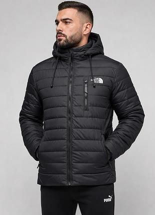 Чоловіча стьобана куртка the north face демісезонна чорна з капюшоном великі розміри 3xl–7xl