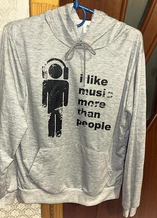 Худі унісекс сіре з принтом "i like music more than people" розмір s
