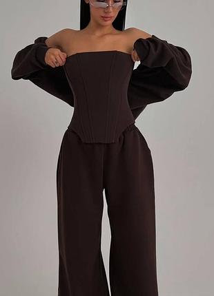 Костюм трійка з корсетом, кофта oversize + широкі штани низ на затяжках 👍топ ціна та якість