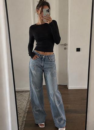 Джинси wide leg low rise zara голубі зі стразами