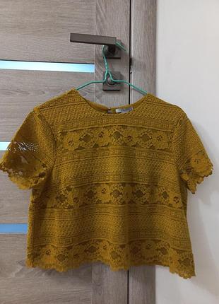 Кружевной гипюровый кроп-топ h&amp;m/ ажурная горчичная блуза короткая