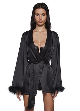 Короткий халат атласний з поясом рукава пірья пеньюар dollskill widow killstar demonia new rock